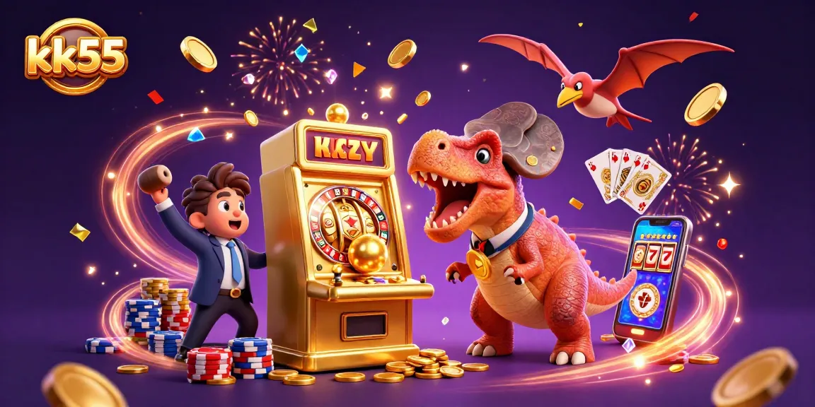 kk55 thrills players by showcasing a playful scene with a dinosaur winning at a golden slot machine.