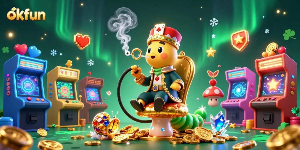 Experience the excitement of okfun through a vibrant casino-themed illustration with 3D characters and gaming elements.