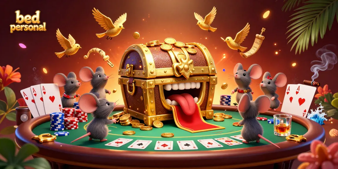 Engage with bed personal, a vibrant illustration of a treasure chest enticing adventurer mice amidst lively casino elements.