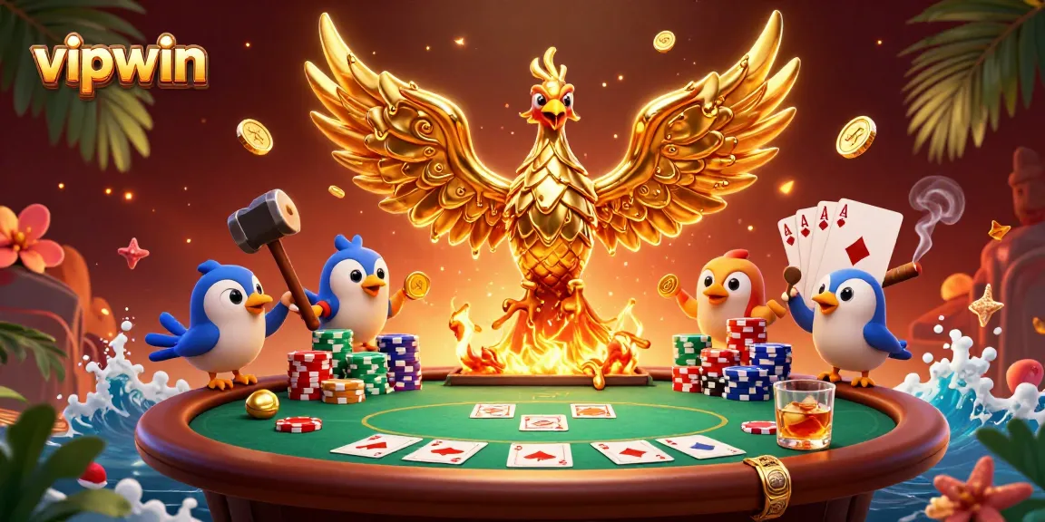 Experience thrilling gameplay at vipwin with a golden phoenix and poker elements in motion.