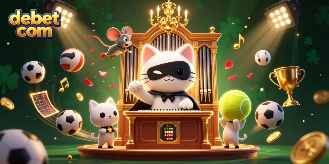 Join the excitement at debet com with a dynamic casino scene featuring a whimsical cat and sports betting elements.