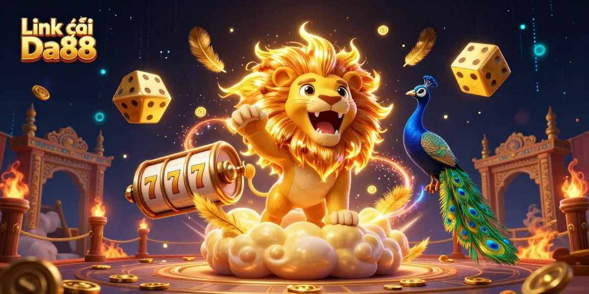Play and win big with Link vào Da88 in a vibrant 3D casino scene featuring golden mane lion and dice.