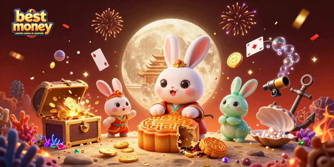 Experience the excitement of the best real money online casino in Australia through this vibrant illustration featuring playful moon rabbits and casino elements.