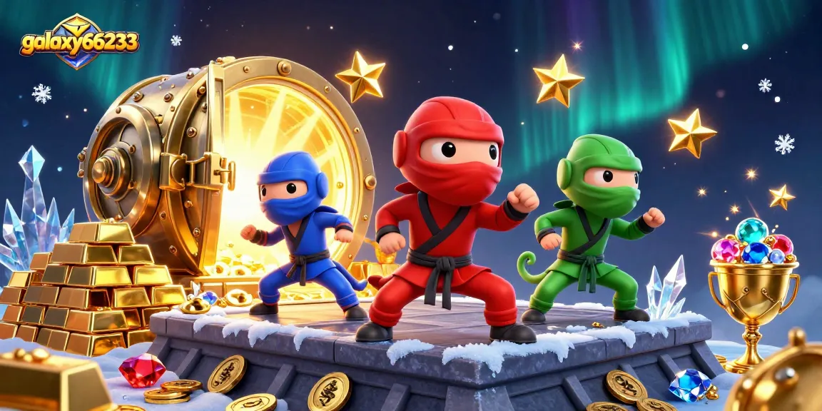Engage with the exciting galaxy66233 experience, featuring a dynamic 3D ninja chameleon team amidst treasures in an online casino adventure.