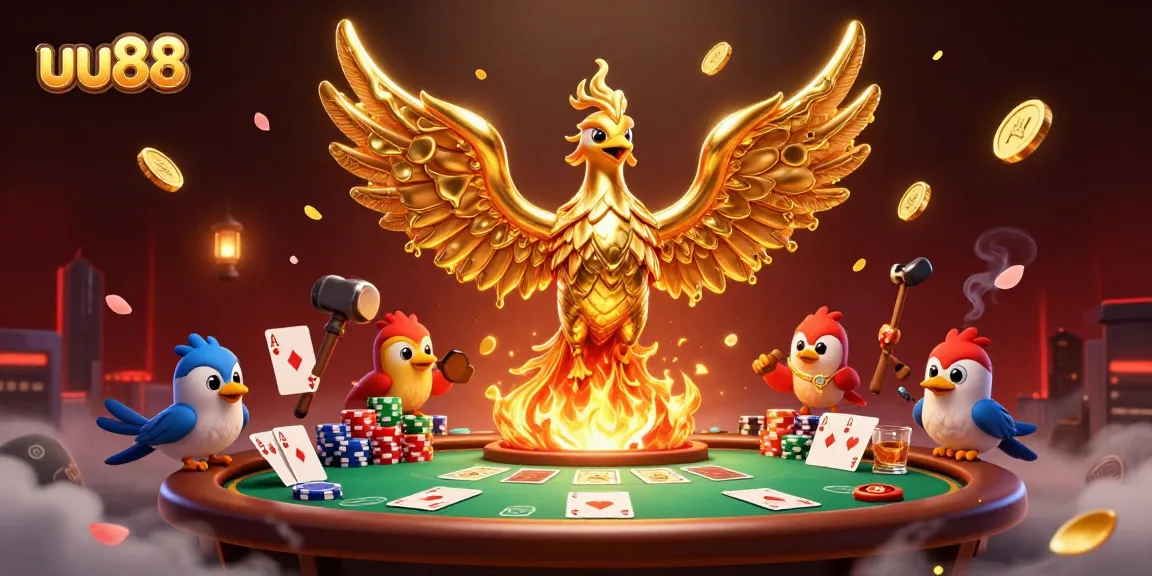 uu88 immerses players in a captivating online casino experience with golden phoenix and poker elements.