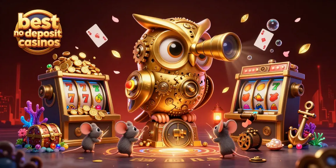 Experience the best no deposit bonus casinos with dynamic 3D casino scene featuring owl, slots, and treasure.