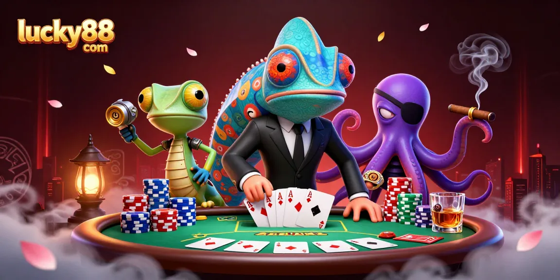 Engaging scene of lucky88 com characters at a poker table surrounded by vibrant casino elements.