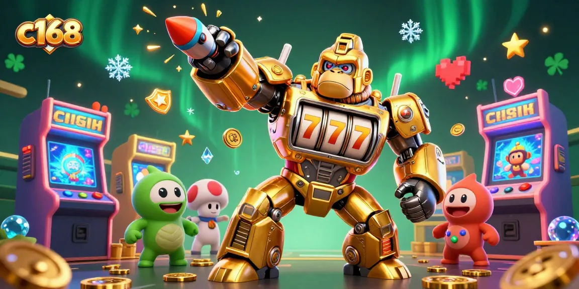 C168 showcases a dynamic 3D illustration of a golden gorilla mech, blending casino elements with gaming excitement.