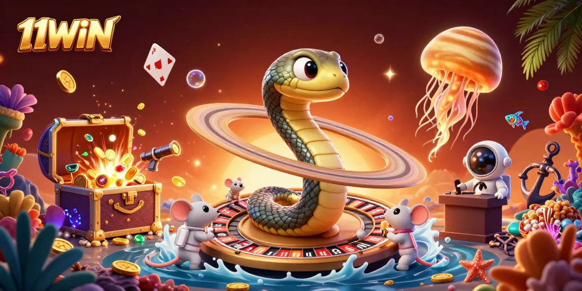Experience thrilling bets with 11WIN in a cosmic casino scene featuring vibrant characters and elements.