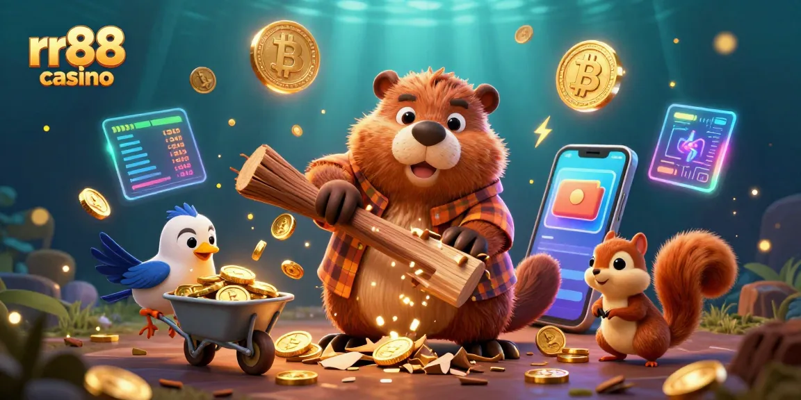 Join the excitement at rr88 casino as our cartoon beaver collects golden coins amidst vibrant game elements!
