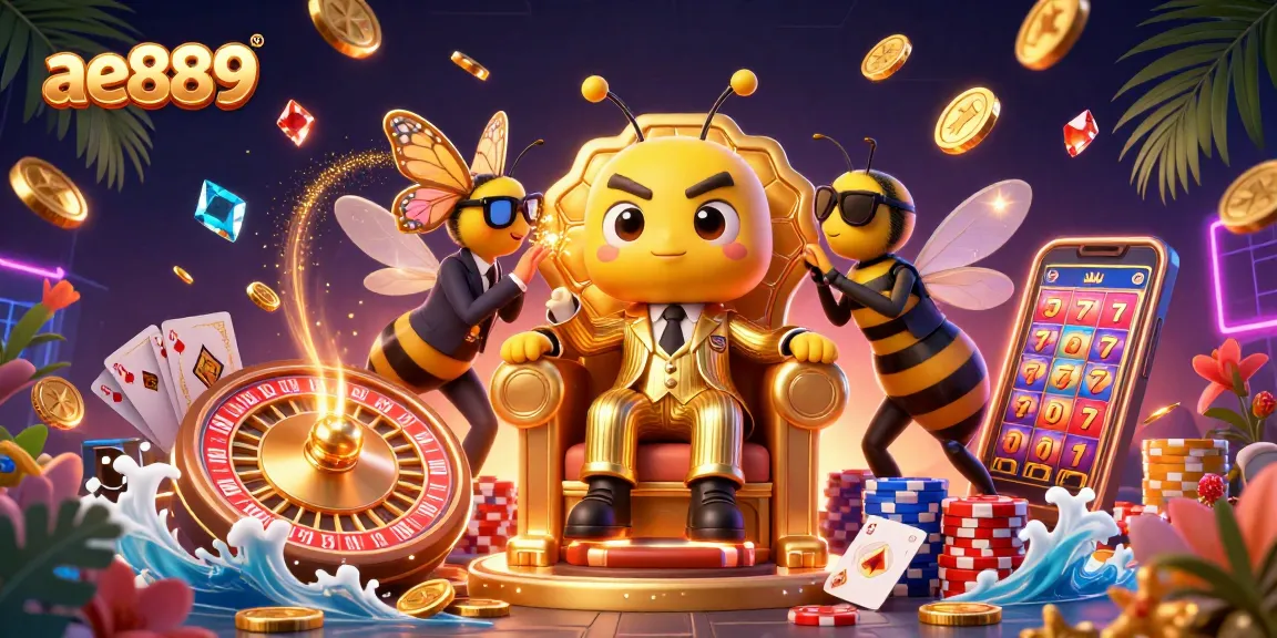 Win big with ae889 featuring an engaging 3D casino scene of a bumblebee mob boss and vibrant game elements.