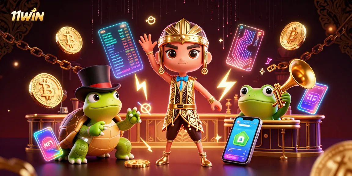11WIN showcases excitement with a 3D casino scene, featuring unique characters and crypto elements.