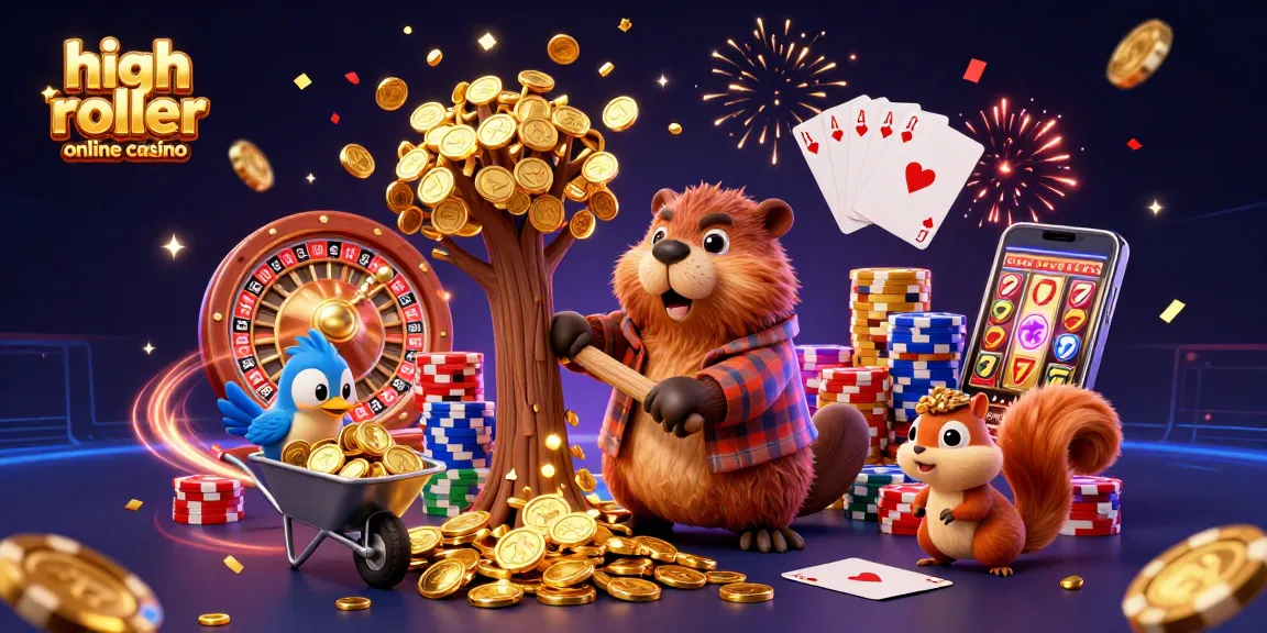 Experience the excitement of a high roller online casino with a vibrant scene filled with playful characters.