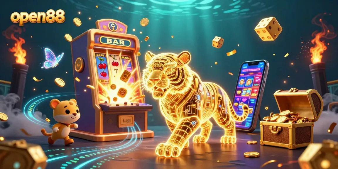 Experience action and excitement with open88's rich gambling scene filled with vibrant casino elements.