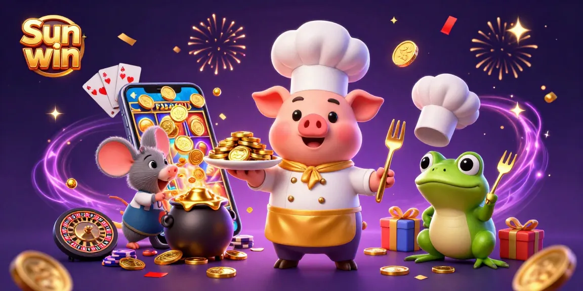 Engage in vibrant fun at Sun win with a chef pig serving gold coins amidst casino excitement.
