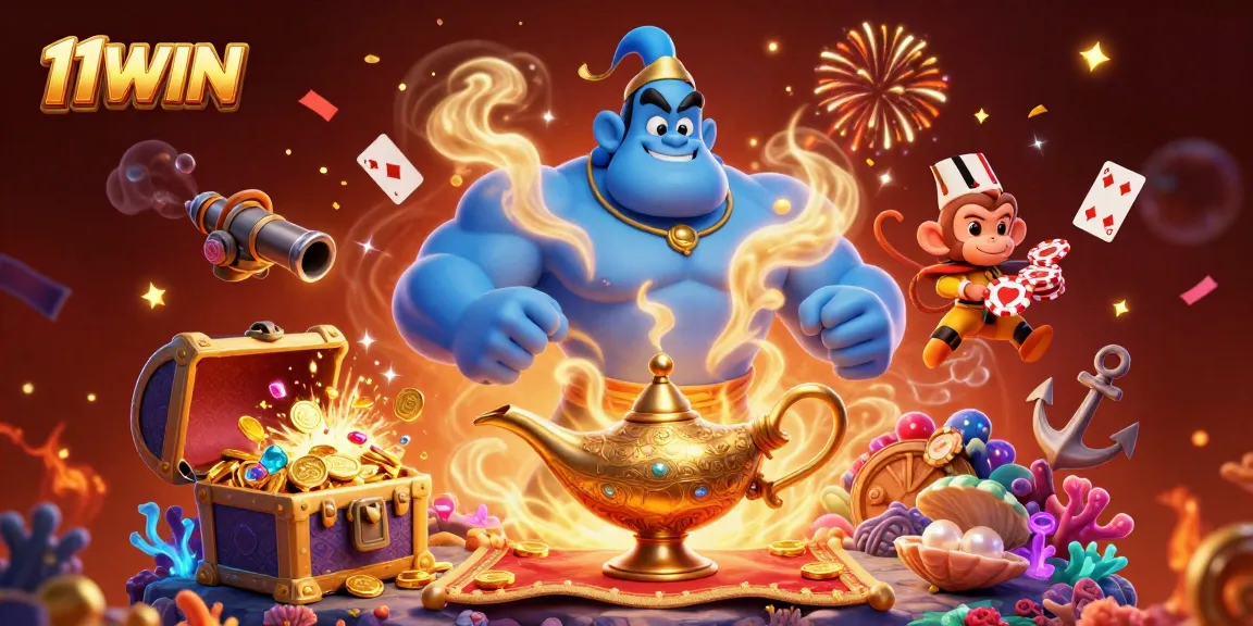 Experience the magic of 11WIN with a blue genie, poker chips, and treasure in a vibrant scene.