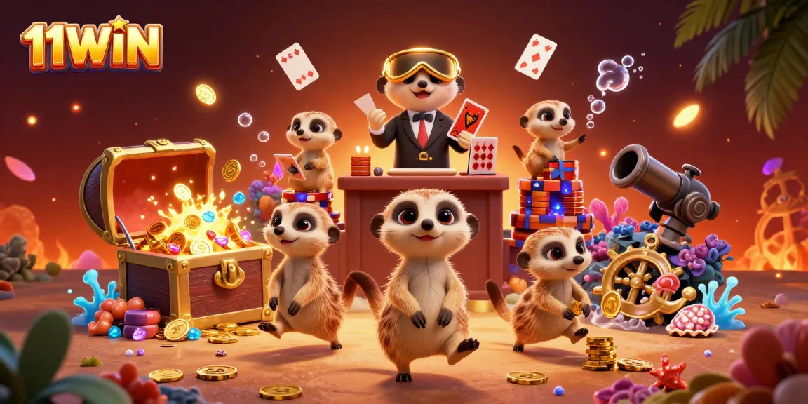 Engage in the thrilling world of 11WIN with meerkats managing an exciting casino adorned with colorful gems.