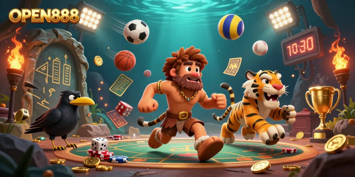 Experience the excitement of OPEN888 with a dynamic prehistoric casino scene featuring a caveman duo, sabertooth tiger, and clever crow.