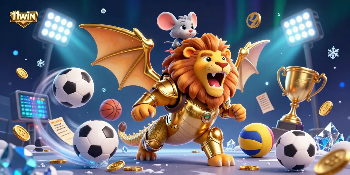Experience 11WIN's thrilling atmosphere with a triumphant chimera character and dynamic sports elements.