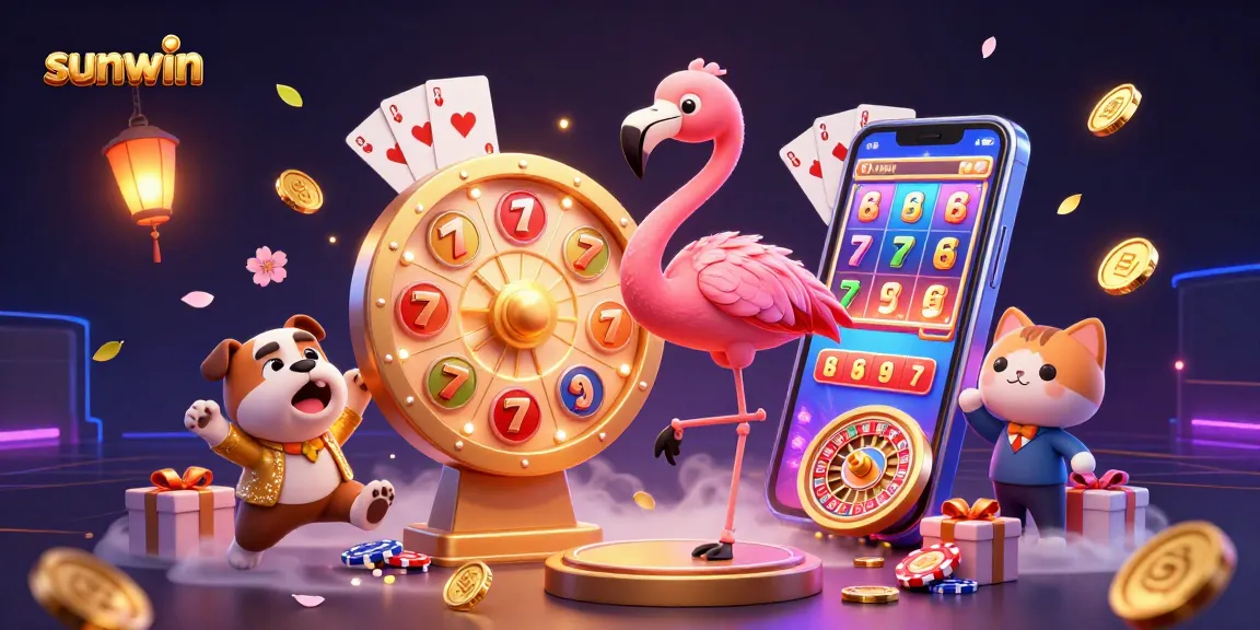 Spin to win with sunwin in this vibrant cartoon casino scene featuring lively characters.