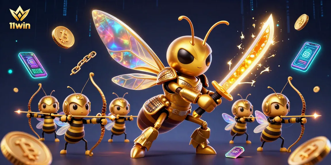 Engage with 11WIN's vibrant 3D casino adventure featuring cartoon hornets in samurai armor and crypto elements.
