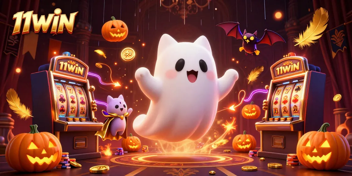Engage in thrilling gaming with 11WIN as a ghost cat explores a haunted casino.
