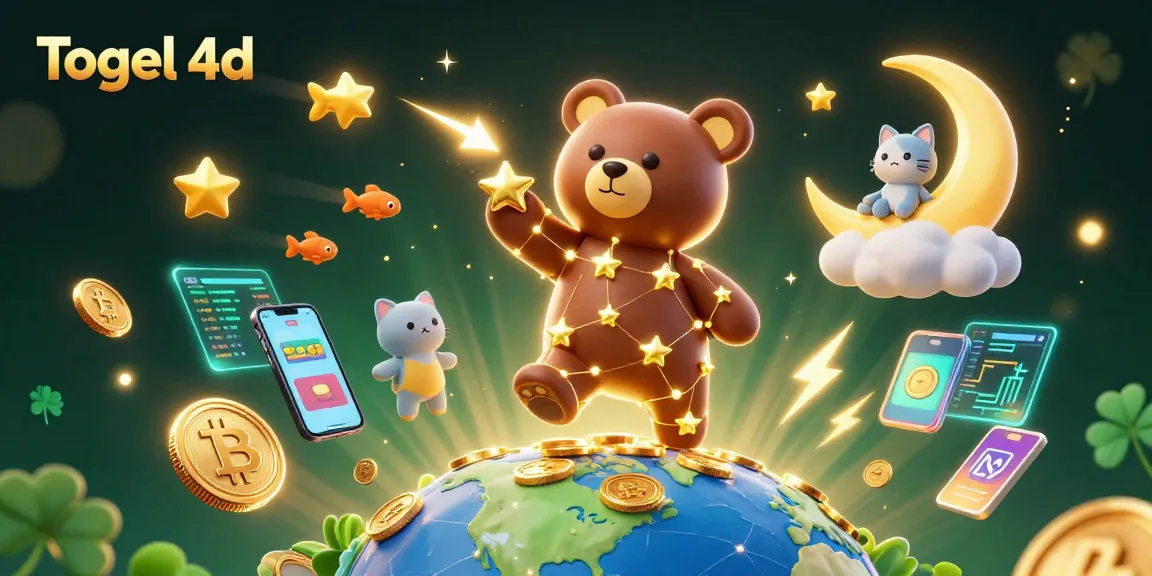 Engage with Togel 4d in this vibrant 3D scene, featuring a constellation bear, coins, and glowing crypto elements.